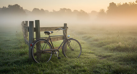 Obraz premium bicycle near the fence in the morning.