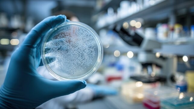 Gloved hand holding a petri dish containing a bacterial culture, conducting research in a modern laboratory setting with microscopes and other equipment in the background