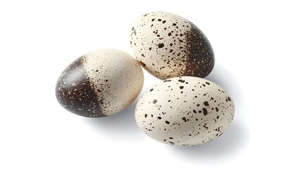 Obraz premium Three quail eggs forming a triangle on white background, photographed using 50mm lens, highlighting natural speckled texture and precise geometric layout in simple clean frame