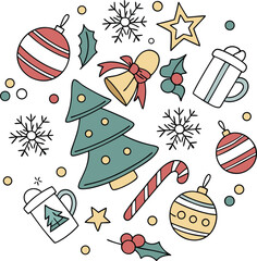 Merry Christmas Design with Festive Icons – Holiday Tree, Ornaments, Snowflakes, and Candy Cane for Seasonal Cards and Crafts