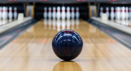 Close-up of a bowling ball on a polished lane aiming toward bowling pins.