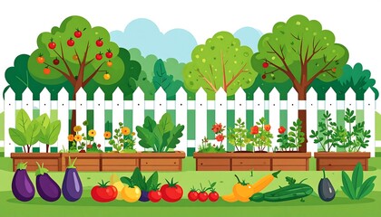Colorful garden illustration with vegetable plants