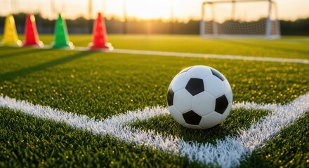 Soccer ball on corner field with training cones and goal in warm sunset light.