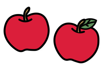 A simple flat-style illustration of two red apples. One has a leaf and the other does not. Ideal for autumn harvest, fruit designs, recipe illustrations, healthy food concepts, and packaging designs.