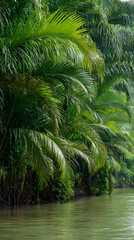 Obraz premium Dense Tangle of Lush Green Palm Fronds Overhanging Muddy Bank