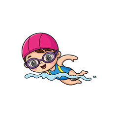 Obraz premium Cartoon illustration of a young girl swimming freestyle with a pink cap and goggles.