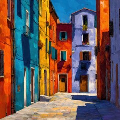 Fototapeta premium A lively street showcasing brightly painted buildings and bustling activity.