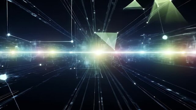 Abstract digital network of glowing lines and nodes in a dark futuristic space