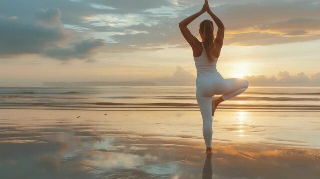 Silhouette woman performing yoga tree pose on reflective beach at sunset, with ocean, cloudy sky in background, embodying balance, serenity. The atmosphere is calm, peaceful