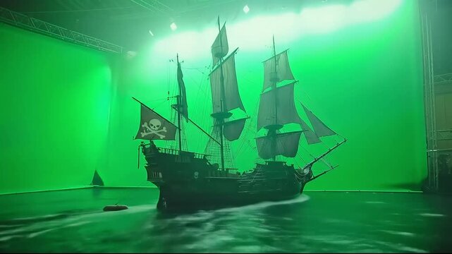 Dark ship model on green screen studio