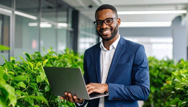 Smiling African businessman wearing glasses and suit working on laptop in modern office with green background. Professional and confident workspace concept. High quality.