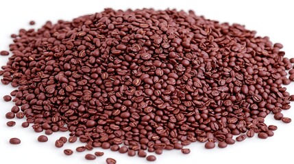 Sharp focus image of brown coffee beans scattered evenly on white seamless surface, captured with mirrorless camera and 50mm lens, rich color and natural texture emphasized by soft shadows