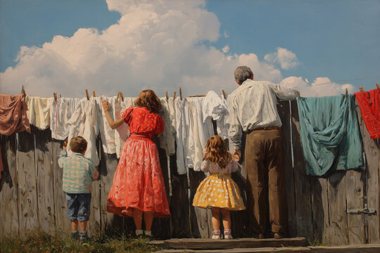 A family works together to dry wet clothes under the hot sun.