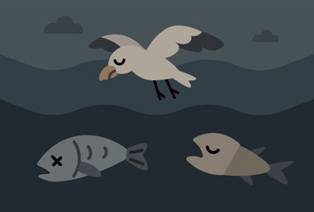 An illustration showing the harmful effects of marine pollution, featuring dead fish, a seabird, and floating plastic waste such as bottles, a bag, and snack packaging in dark ocean waters. Suitable f