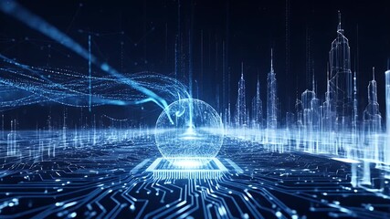 Futuristic city skyline made of digital circuits and a glowing orb - Powered by Adobe