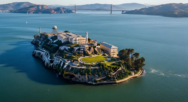 Alcatraz Island and Golden Gate Bridge Aerial View, San Francisco - Powered by Adobe