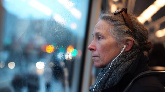 Medium shot capturing a commuter deep in mindfulness practice on a moving metro clear focus on meditative posture while the dynamic city blur softly fades behind.