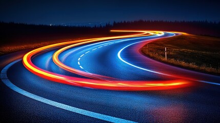 Winding road at night with light trails showing motion and speed.