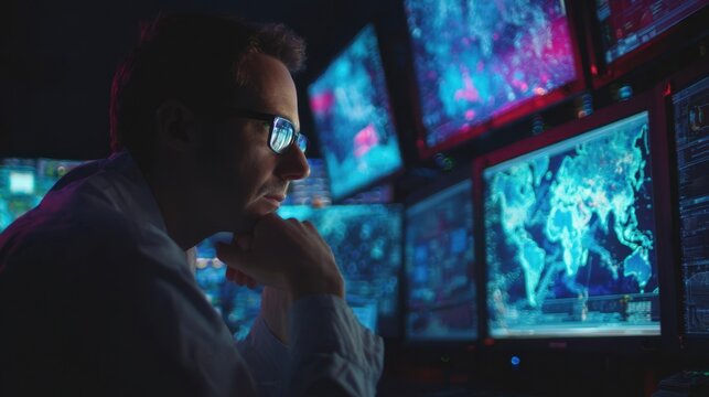 In a dimly lit control room, a security analyst wearing glasses contemplates complex data displayed on a wall of monitors, showcasing global network activity and potential threats