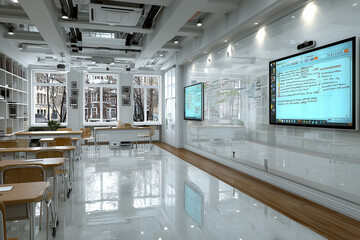 Modern high-tech classroom with interactive displays and glass walls
