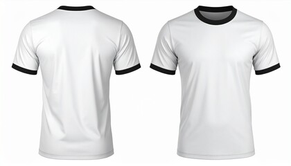 White ringer t-shirt with black collar and sleeve trim. Blank apparel mockup template, front and back view isolated on white background.
