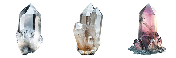 Three crystals of different colors and sizes are shown on a white background