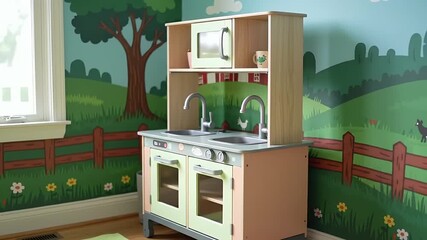 Play Kitchen Dreamscape: A charming play kitchen stands ready for imaginative culinary adventures, set against a whimsical backdrop of a rural vista.