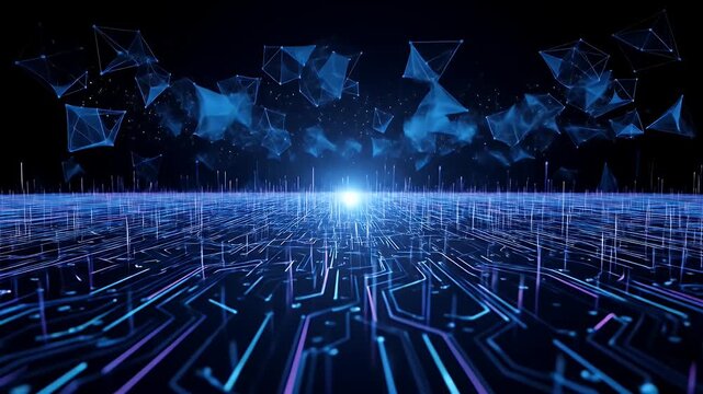 Futuristic digital landscape with glowing circuit board patterns and geometric shapes