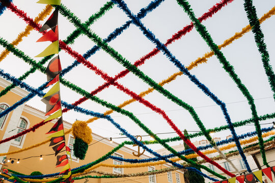 Colorful garlands over Lisbon square during festival