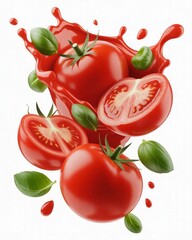 Fototapeta premium Fresh tomatoes basil leaves juice splash white background