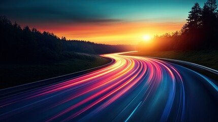 Road with light trails leading to a sunset or sunrise near trees.