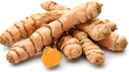 Natural turmeric root with soil residues laid on clean white background, photographed with 50mm prime lens, sharp detail on texture and warm orange color tones