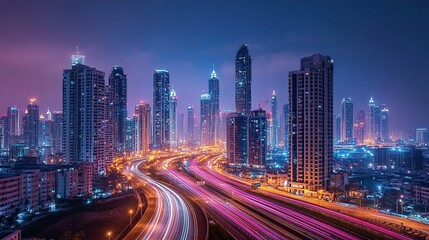 City skyline at night with blurred light trails from traffic on roads.