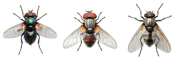 Three flies are shown in a row, with the middle fly being the largest