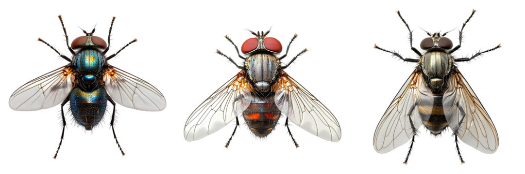 Three flies are shown in a row, with the middle fly being the largest - Powered by Adobe