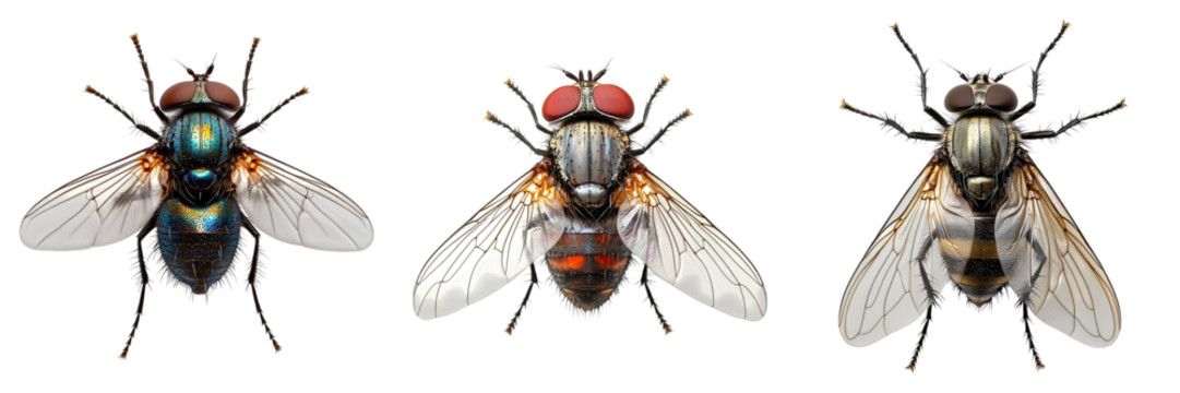 Three flies are shown in a row, with the middle fly being the largest