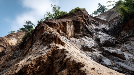 Steep, rocky cliff face with varying shades of earth tones.