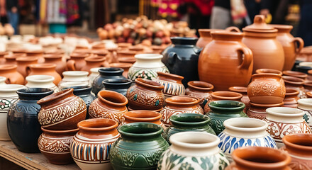 Colorful Ceramic Pottery Displayed at Outdoor Market Featuring Traditional Handmade Designs