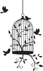 decorative birdcage with perched birds and leafy tree branches isolated vector silhouette for vintage home decor art