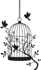 elegant ornamental birdcage and small birds on tree branches black silhouette vector for decoration and craft design