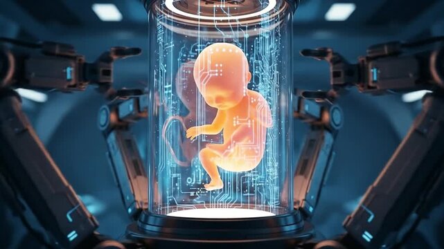 Bio-engineered Future: Robotic Cradle, Neonatal Development, AI-Assisted Birth, Futuristic Technology