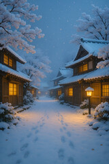 Snow-Covered Traditional Japanese Village in Winter Season