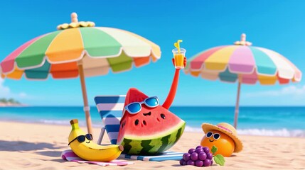 footage of fruit people relaxing on the beach with colorful umbrellas - Powered by Adobe
