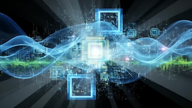 Digital circuit board with glowing blue waves and processor - Powered by Adobe