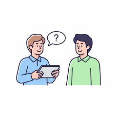 Confident professional interviewing candidate asking questions with tablet in modern workspace setting