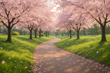 Scenic Path Under Blooming Cherry Blossom Trees in Spring