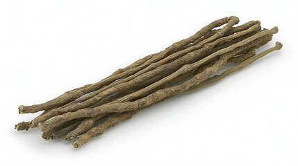 Bundle of dried lavender stems resting on white background, taken with 50mm lens, highlighting intricate details and natural tones with diffused soft light in clean minimalist frame