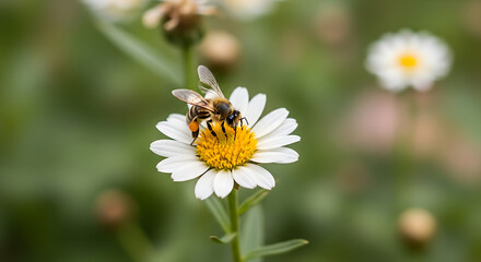 Obraz premium Close-up macro shot of a fuzzy bee collecting pollen from a white daisy flower in a garden setting with soft green blurry background