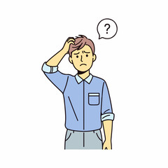 Obraz premium Confused young man scratching head with question mark thinking about problem, seeking solution