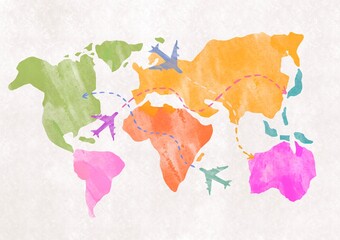 airplanes flying  over the world map